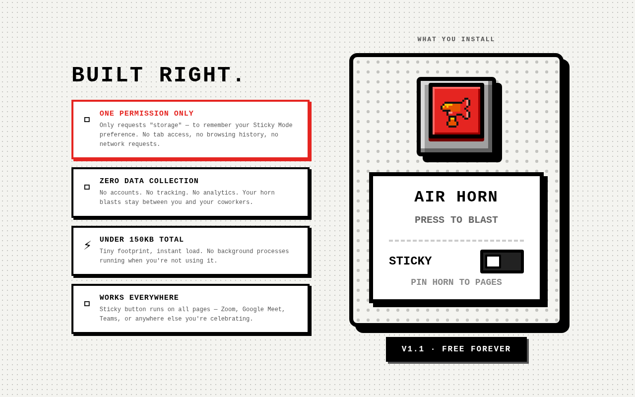 Privacy features — one permission, zero data collection